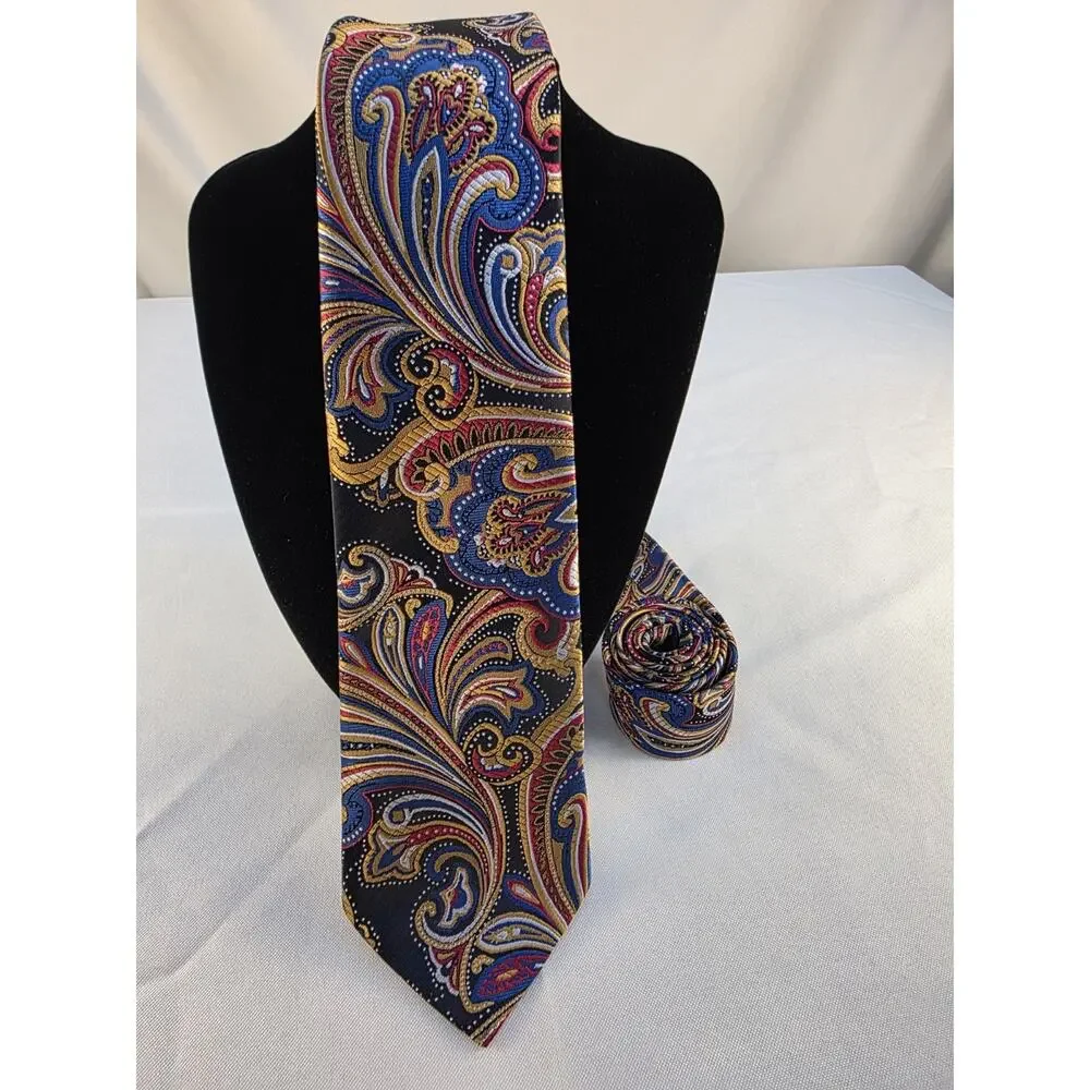 Classic Vintage Men's Tie Bright Paisley Blue Gold 100% Silk Jacquard Woven
